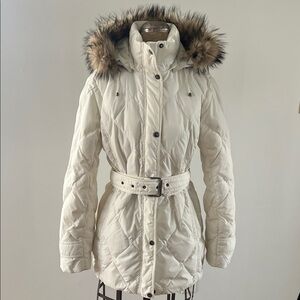 Women’s Lands' End Cream Quilted Puffer Jacket with Hood - Size Small